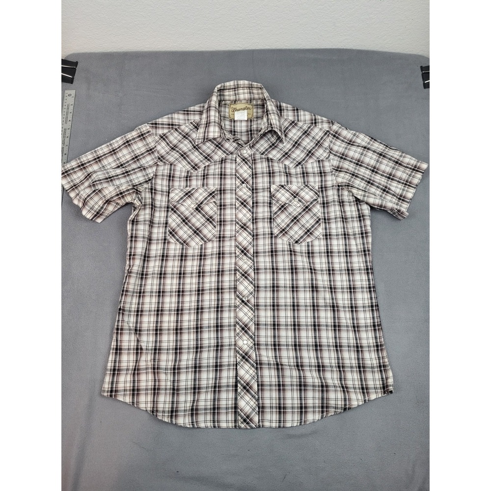 Wrangler Western Pearl Snap Shirt Mens L Brown Lightweight Gingham Plaid 70s‎